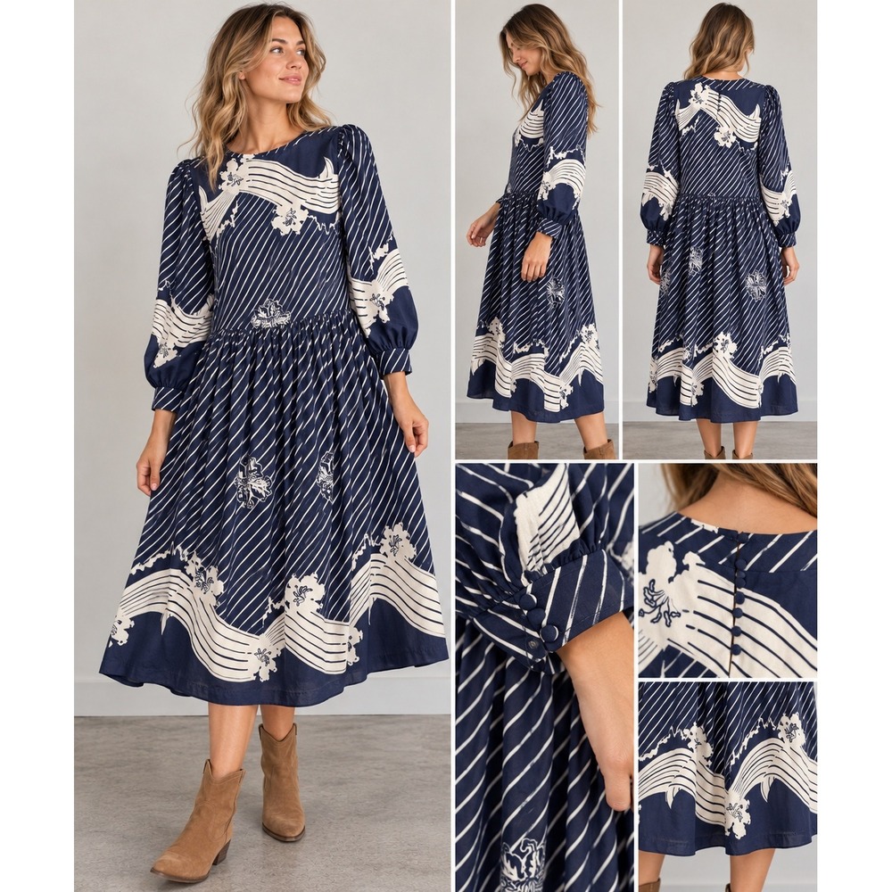 Vintage Late 70s/80s Navy Ivory Wave Print Midi Dress Size 12 Puff 80s Does 40s